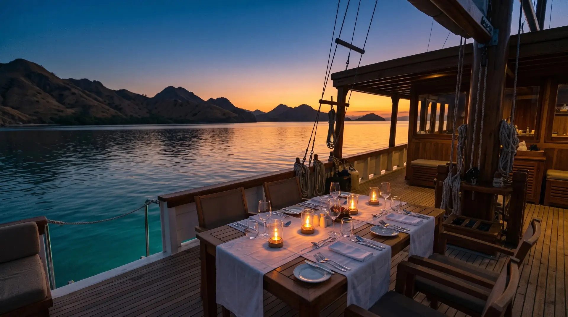 The Luxury Voyage Komodo private luxury yacht deck with fine dining setup overlooking secluded cove