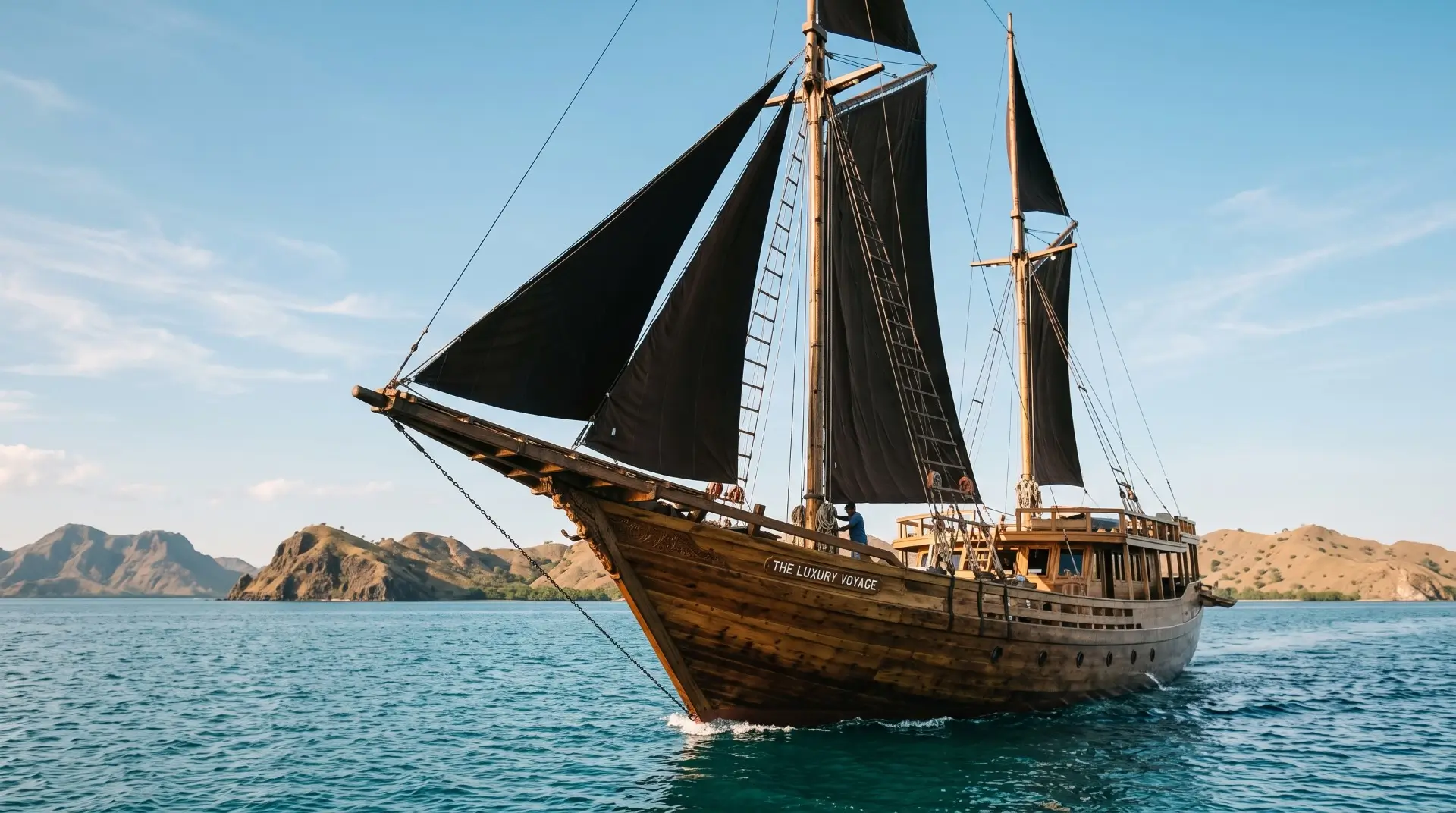 Komodo luxury boat charter traditional wooden phinisi sailing past volcanic islands at sunset