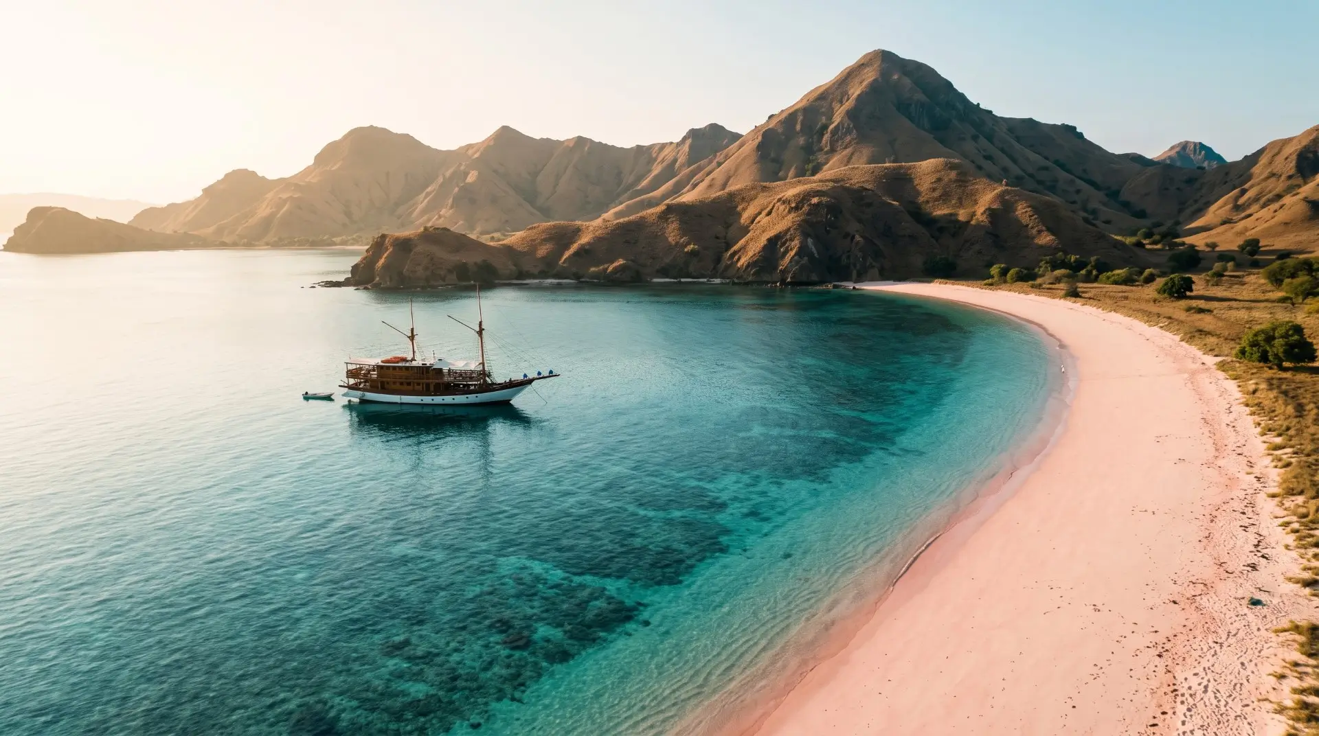 private yacht charter Komodo luxury vessel anchored near pink sand beach and turquoise lagoon