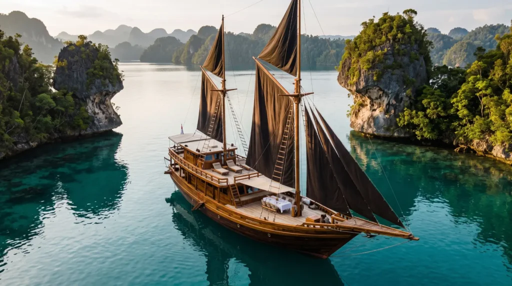 The Luxury Voyage Raja Ampat private luxury phinisi yacht sailing through turquoise lagoon