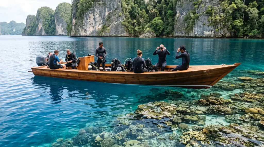 Raja Ampat luxury liveaboard private dive tender navigating crystal clear waters near Misool