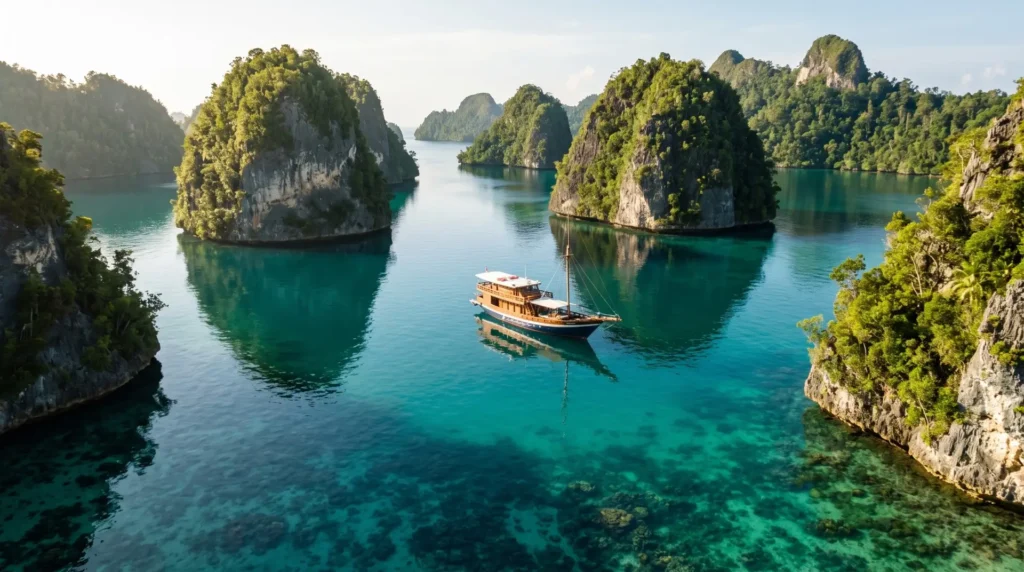Raja Ampat yacht charter luxury vessel cruising past limestone karst islands in Wayag lagoon